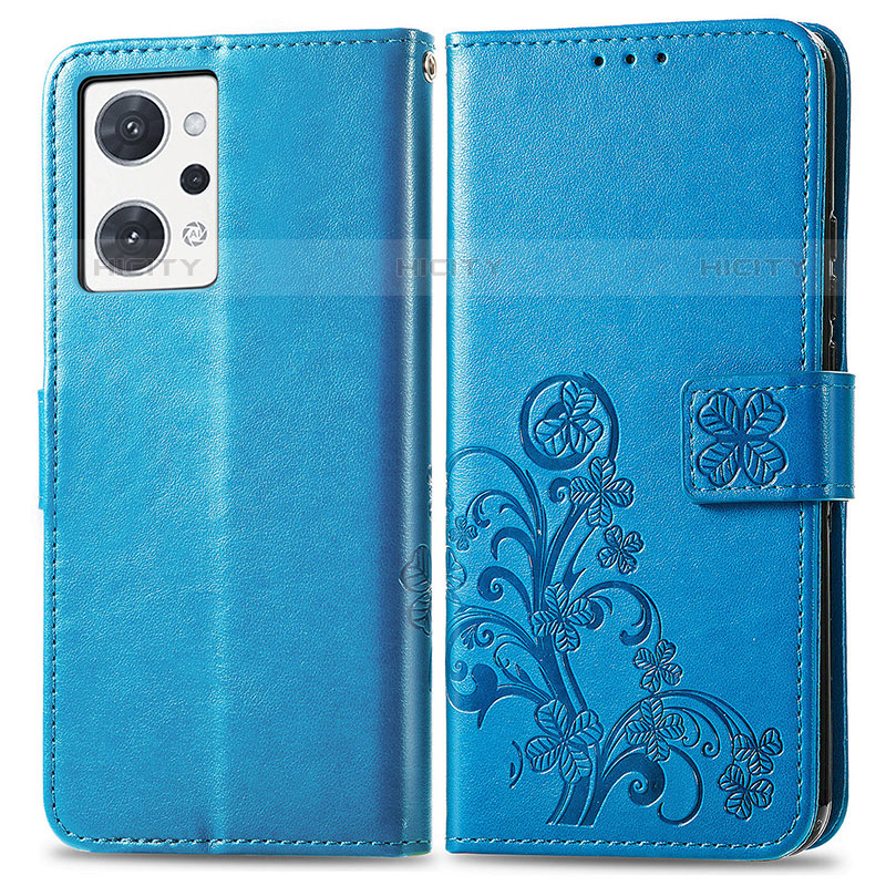 Custodia Portafoglio In Pelle Fiori Cover con Supporto per Oppo Reno7 A Blu