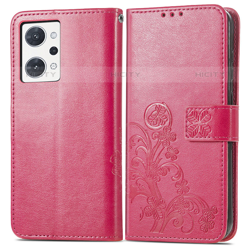 Custodia Portafoglio In Pelle Fiori Cover con Supporto per Oppo Reno7 A Rosso