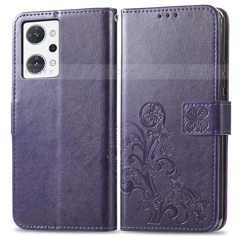 Custodia Portafoglio In Pelle Fiori Cover con Supporto per Oppo Reno7 A Viola