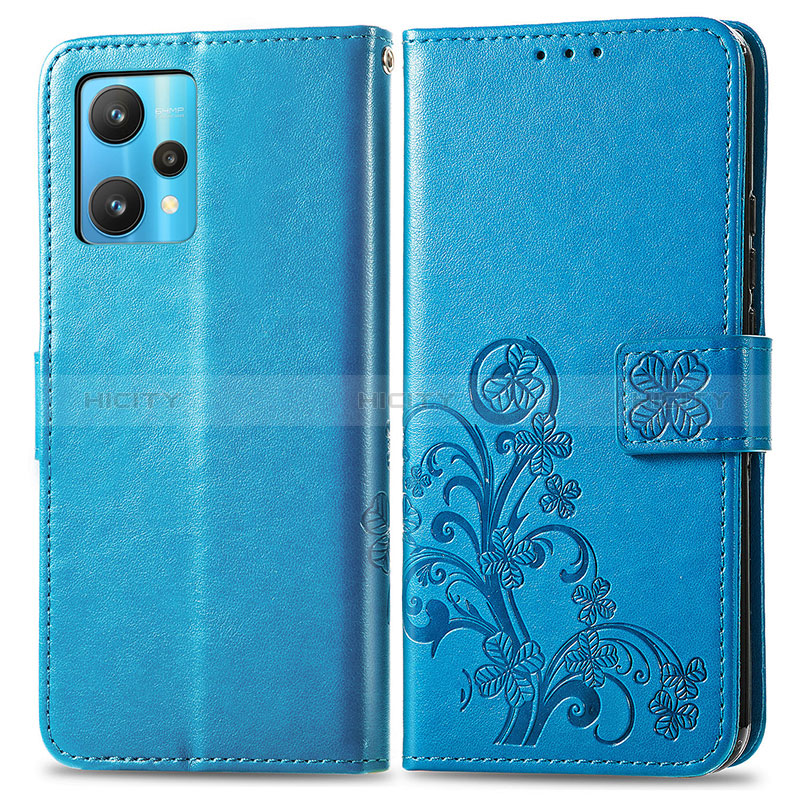 Custodia Portafoglio In Pelle Fiori Cover con Supporto per Realme 9 5G Blu