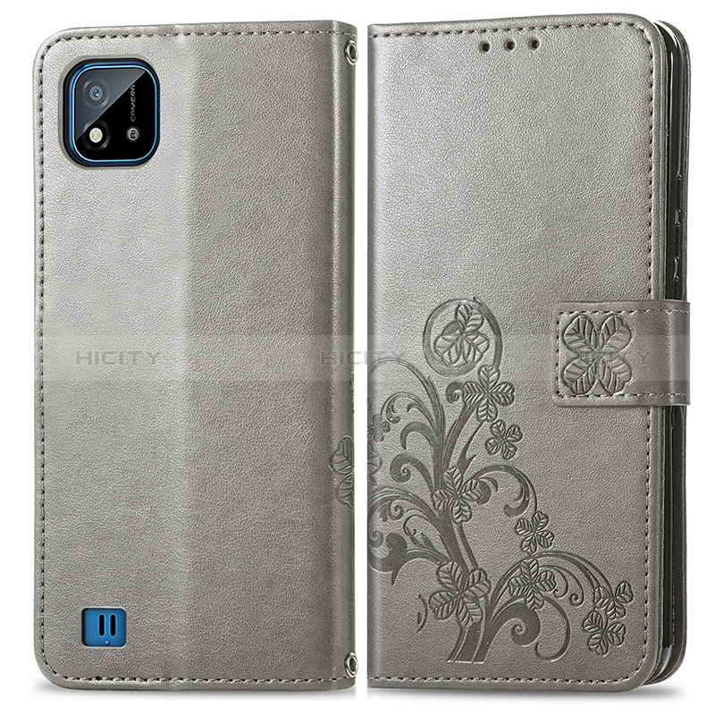 Custodia Portafoglio In Pelle Fiori Cover con Supporto per Realme C11 (2021) Grigio