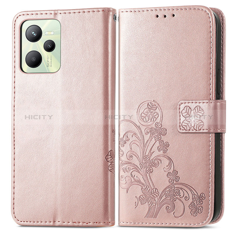 Custodia Portafoglio In Pelle Fiori Cover con Supporto per Realme C35 Oro Rosa