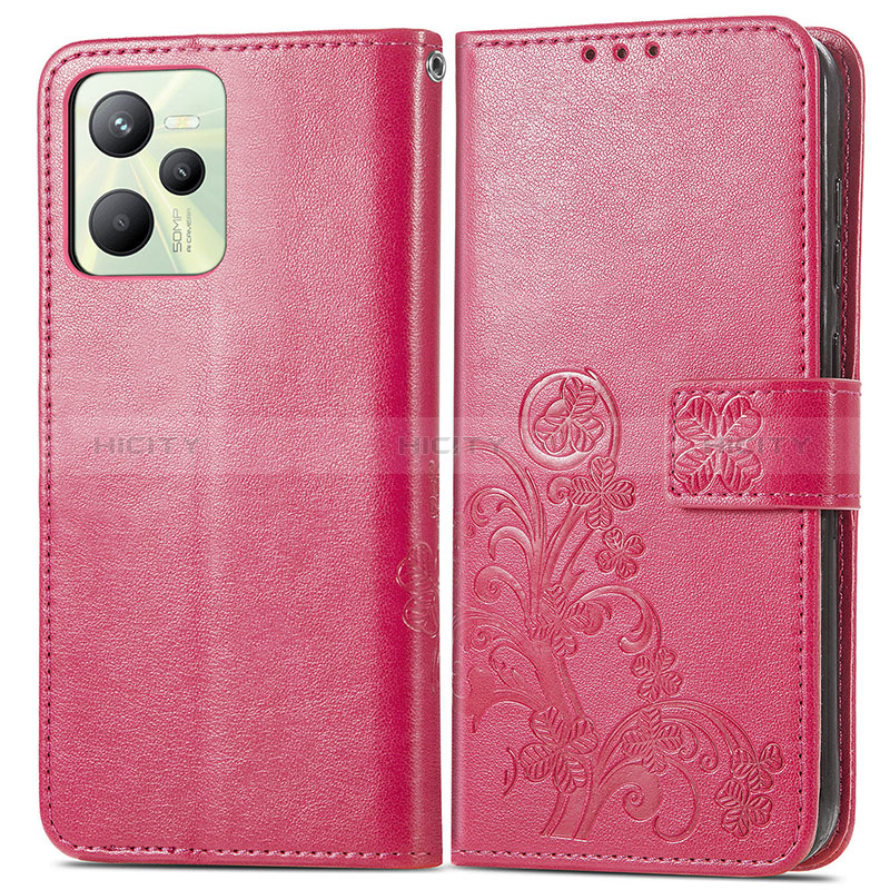 Custodia Portafoglio In Pelle Fiori Cover con Supporto per Realme C35 Rosa Caldo