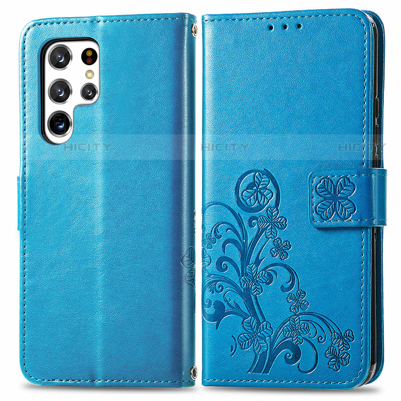 Custodia Portafoglio In Pelle Fiori Cover con Supporto per Samsung Galaxy S22 Ultra 5G Blu