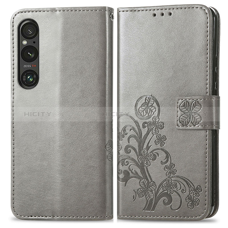 Custodia Portafoglio In Pelle Fiori Cover con Supporto per Sony Xperia 1 V Grigio