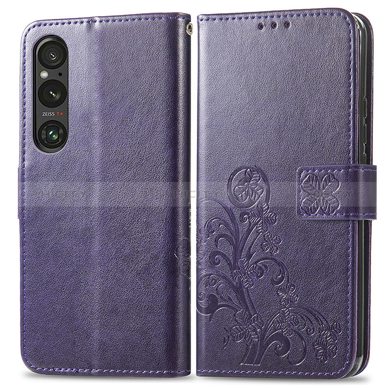 Custodia Portafoglio In Pelle Fiori Cover con Supporto per Sony Xperia 1 V Viola