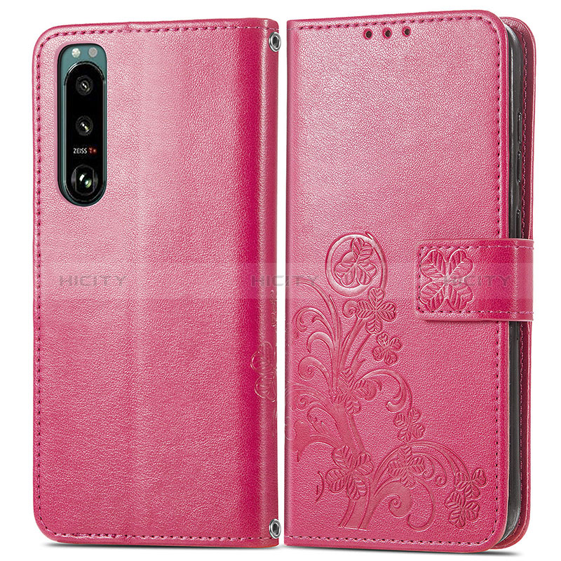 Custodia Portafoglio In Pelle Fiori Cover con Supporto per Sony Xperia 5 III Rosso