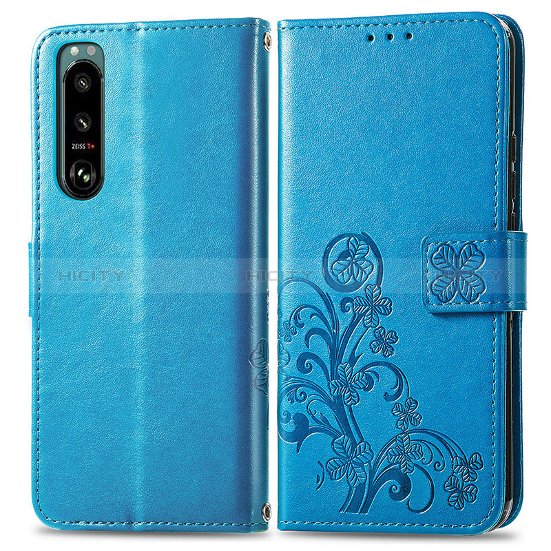 Custodia Portafoglio In Pelle Fiori Cover con Supporto per Sony Xperia 5 IV Blu