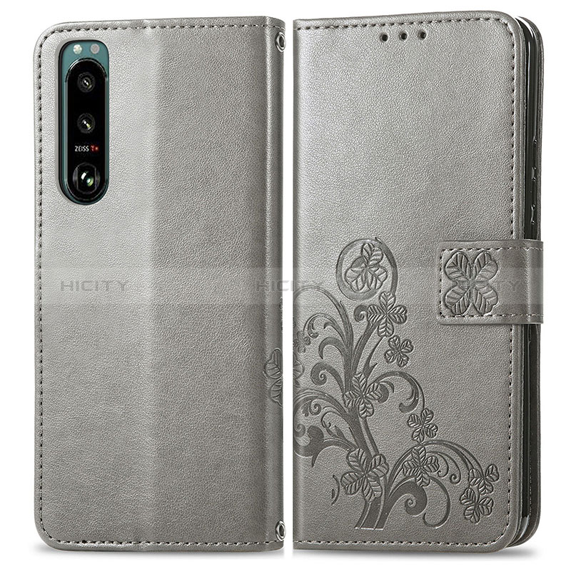 Custodia Portafoglio In Pelle Fiori Cover con Supporto per Sony Xperia 5 IV Grigio