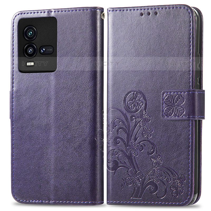 Custodia Portafoglio In Pelle Fiori Cover con Supporto per Vivo iQOO 9T 5G Viola