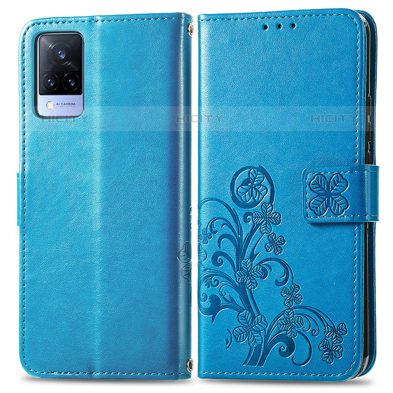 Custodia Portafoglio In Pelle Fiori Cover con Supporto per Vivo V21s 5G Blu