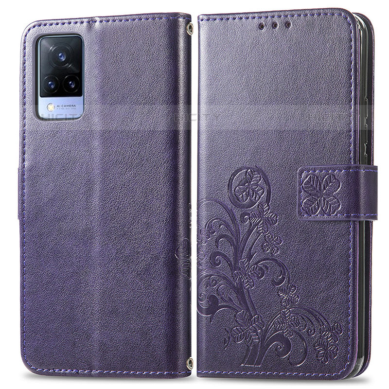 Custodia Portafoglio In Pelle Fiori Cover con Supporto per Vivo V21s 5G Viola