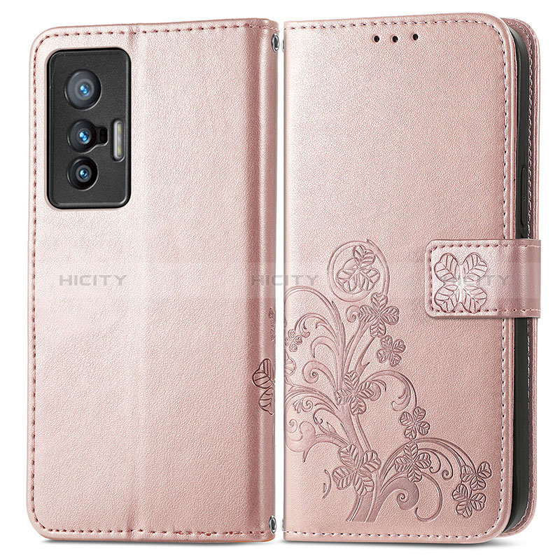 Custodia Portafoglio In Pelle Fiori Cover con Supporto per Vivo X70t Rosa