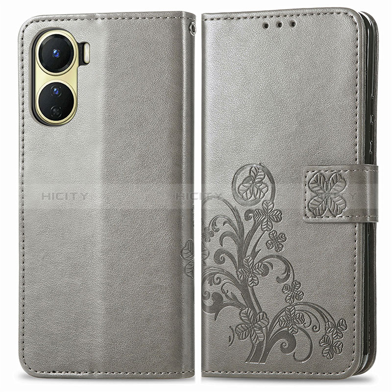 Custodia Portafoglio In Pelle Fiori Cover con Supporto per Vivo Y16 Grigio