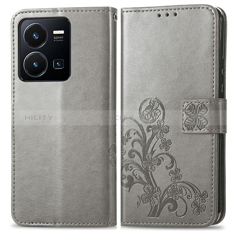 Custodia Portafoglio In Pelle Fiori Cover con Supporto per Vivo Y35 4G Grigio