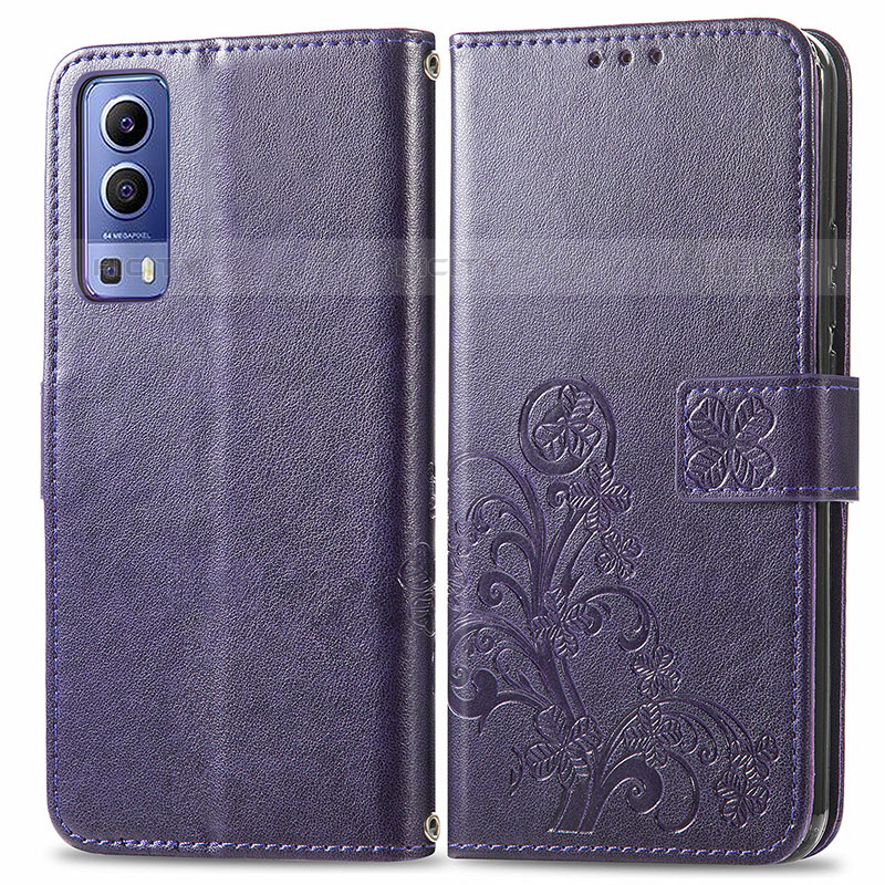 Custodia Portafoglio In Pelle Fiori Cover con Supporto per Vivo Y52 5G Viola