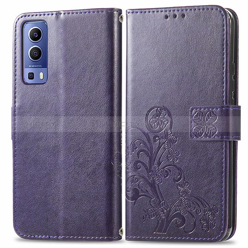 Custodia Portafoglio In Pelle Fiori Cover con Supporto per Vivo Y72 5G Viola