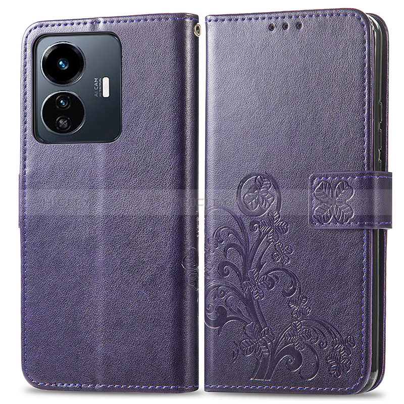 Custodia Portafoglio In Pelle Fiori Cover con Supporto per Vivo Y77e 5G Viola