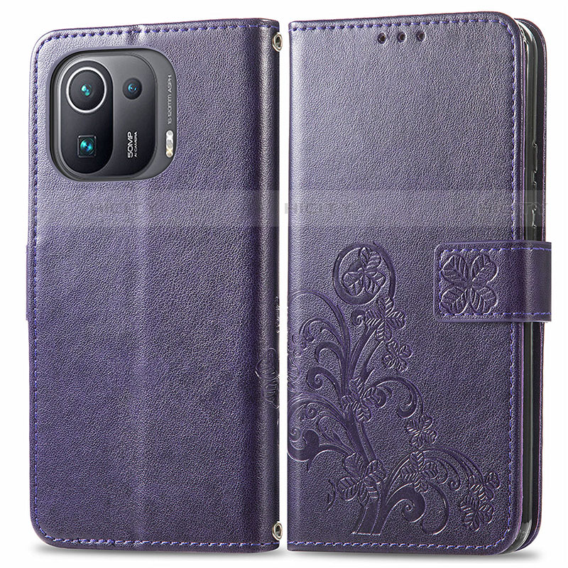 Custodia Portafoglio In Pelle Fiori Cover con Supporto per Xiaomi Mi 11 Pro 5G Viola