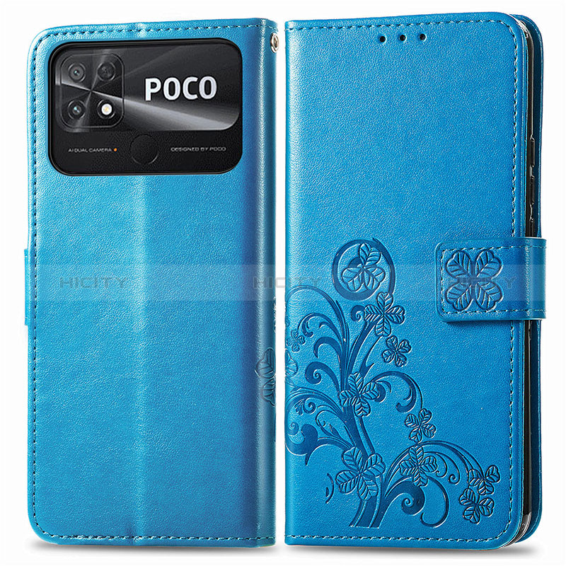 Custodia Portafoglio In Pelle Fiori Cover con Supporto per Xiaomi Poco C40 Blu