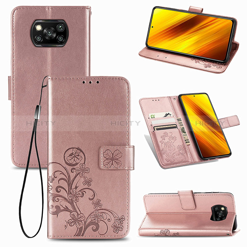 Custodia Portafoglio In Pelle Fiori Cover con Supporto per Xiaomi Poco X3 NFC Rosa