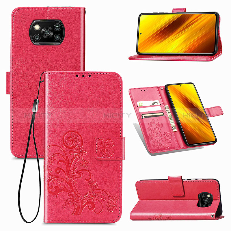 Custodia Portafoglio In Pelle Fiori Cover con Supporto per Xiaomi Poco X3 NFC Rosso