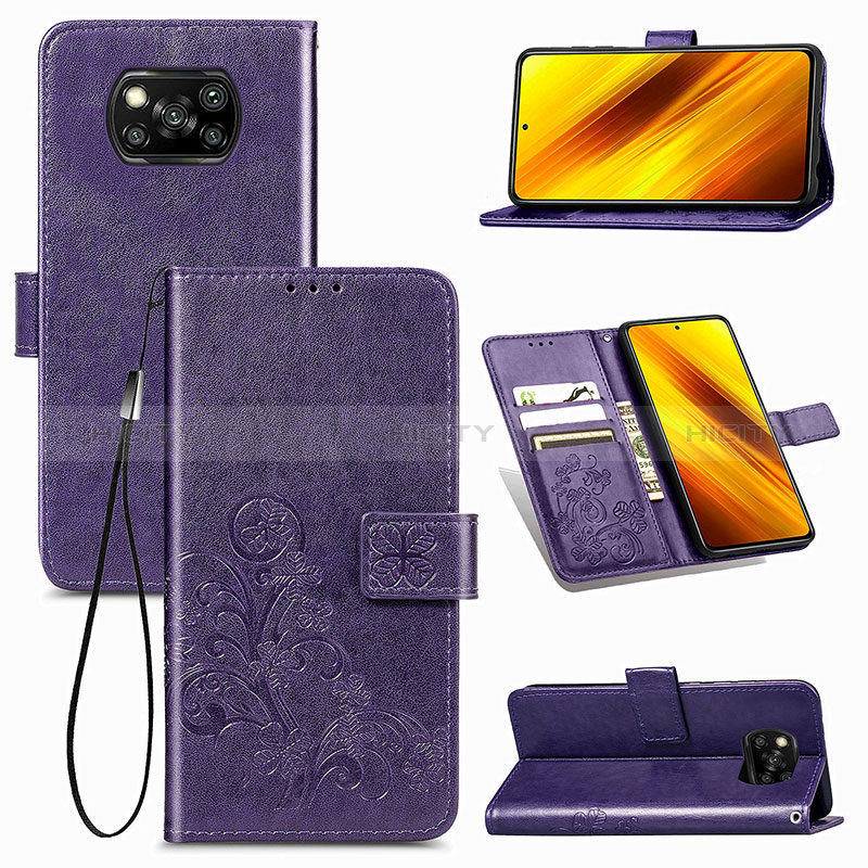 Custodia Portafoglio In Pelle Fiori Cover con Supporto per Xiaomi Poco X3 NFC Viola