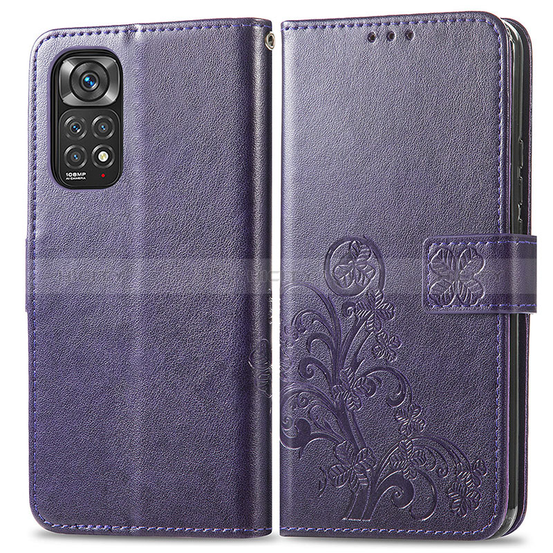 Custodia Portafoglio In Pelle Fiori Cover con Supporto per Xiaomi Redmi Note 11 4G (2022) Viola