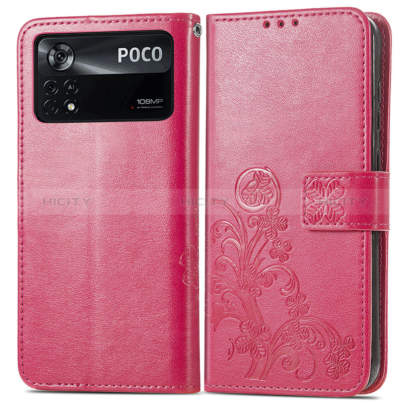 Custodia Portafoglio In Pelle Fiori Cover con Supporto per Xiaomi Redmi Note 11E Pro 5G Rosso