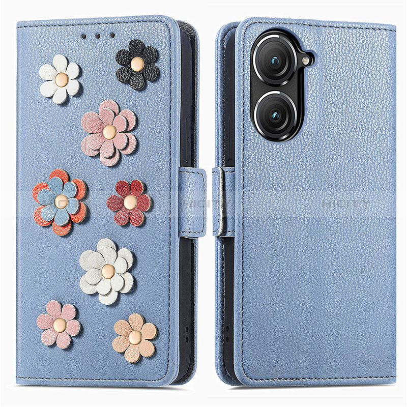 Custodia Portafoglio In Pelle Fiori Cover con Supporto S02D per Asus Zenfone 9 Blu