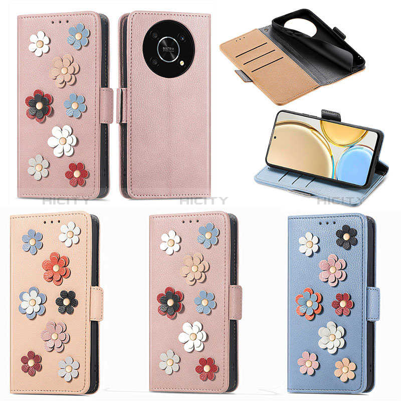 Custodia Portafoglio In Pelle Fiori Cover con Supporto S02D per Huawei Honor X9 5G