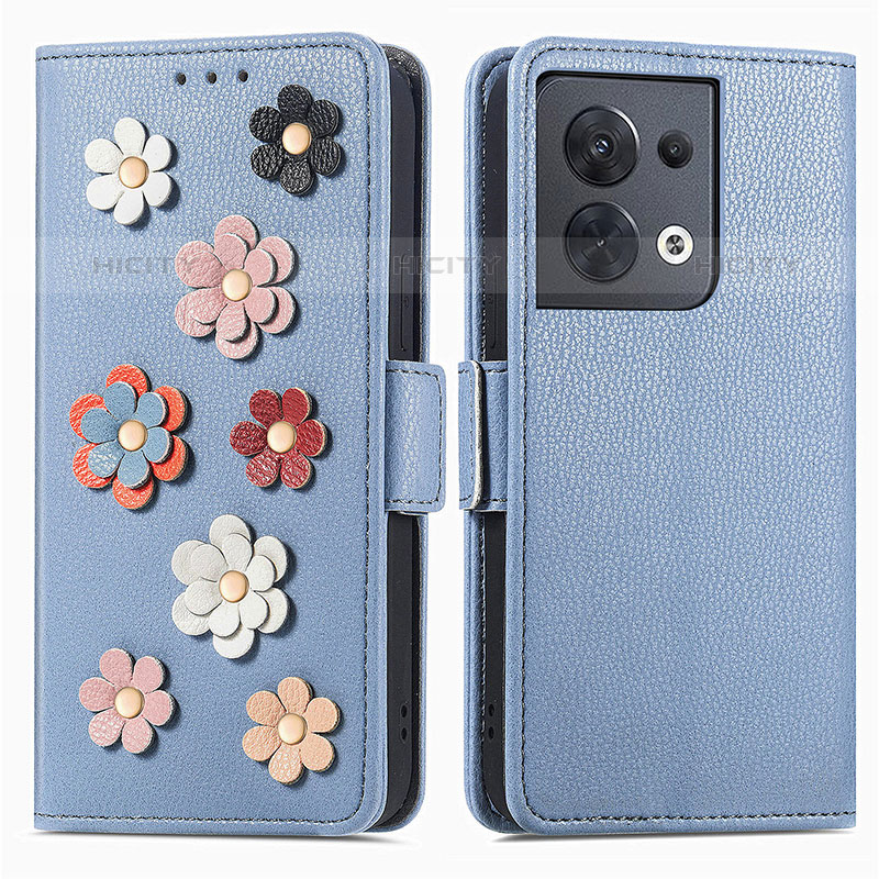 Custodia Portafoglio In Pelle Fiori Cover con Supporto S02D per Oppo Reno8 5G Blu