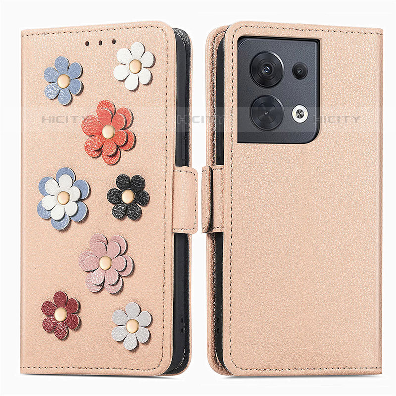 Custodia Portafoglio In Pelle Fiori Cover con Supporto S02D per Oppo Reno8 5G Khaki