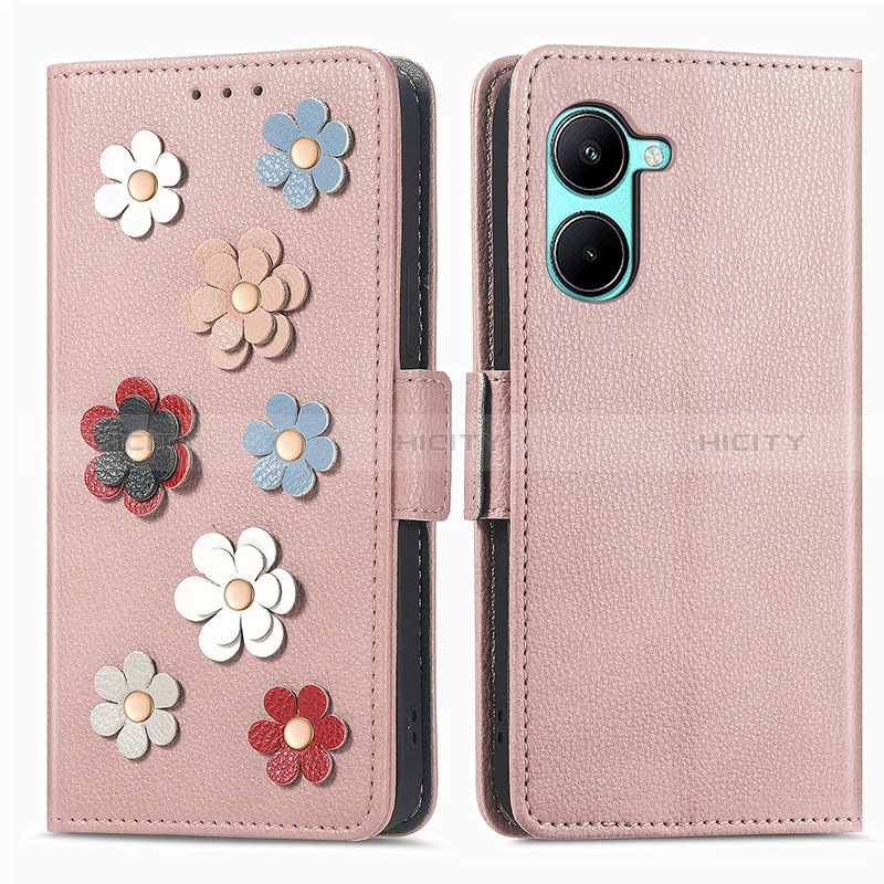 Custodia Portafoglio In Pelle Fiori Cover con Supporto S02D per Realme C33 (2023) Oro Rosa