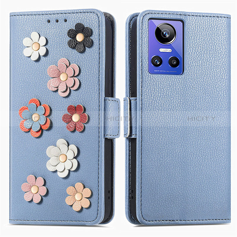 Custodia Portafoglio In Pelle Fiori Cover con Supporto S02D per Realme GT Neo3 5G Blu