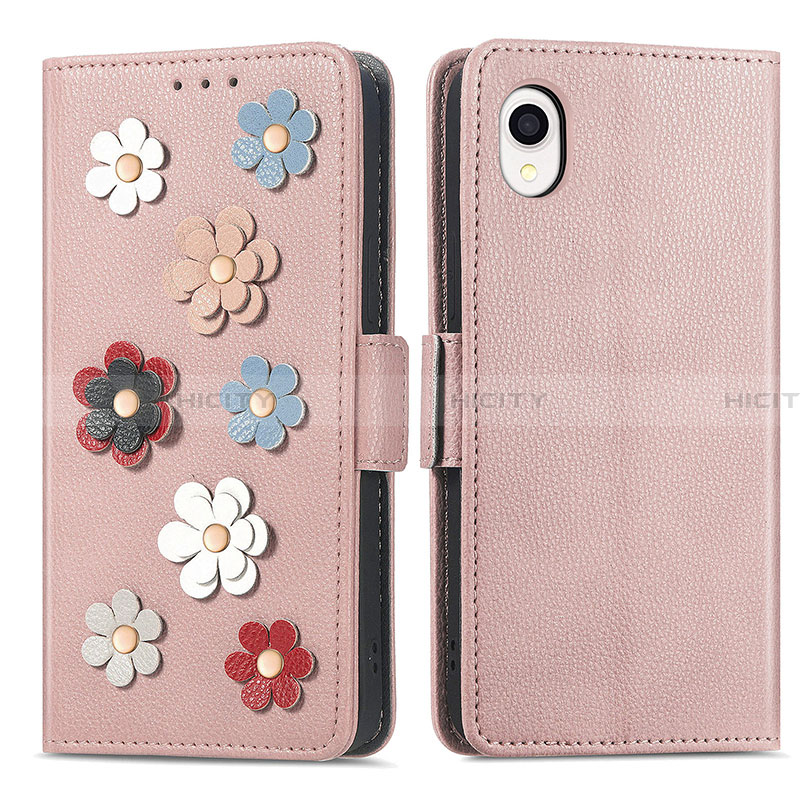 Custodia Portafoglio In Pelle Fiori Cover con Supporto S02D per Samsung Galaxy A22 5G SC-56B Oro Rosa