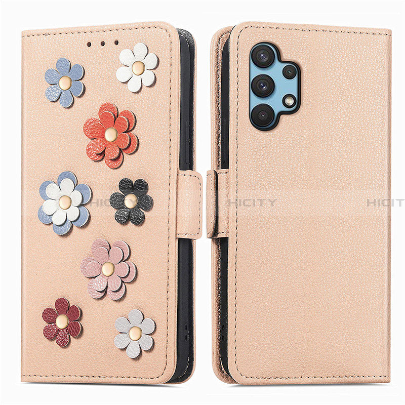 Custodia Portafoglio In Pelle Fiori Cover con Supporto S02D per Samsung Galaxy A32 4G Khaki