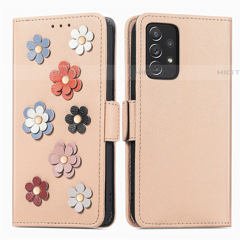 Custodia Portafoglio In Pelle Fiori Cover con Supporto S02D per Samsung Galaxy A72 4G Khaki