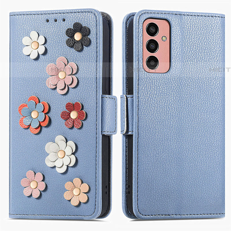 Custodia Portafoglio In Pelle Fiori Cover con Supporto S02D per Samsung Galaxy F13 4G Blu