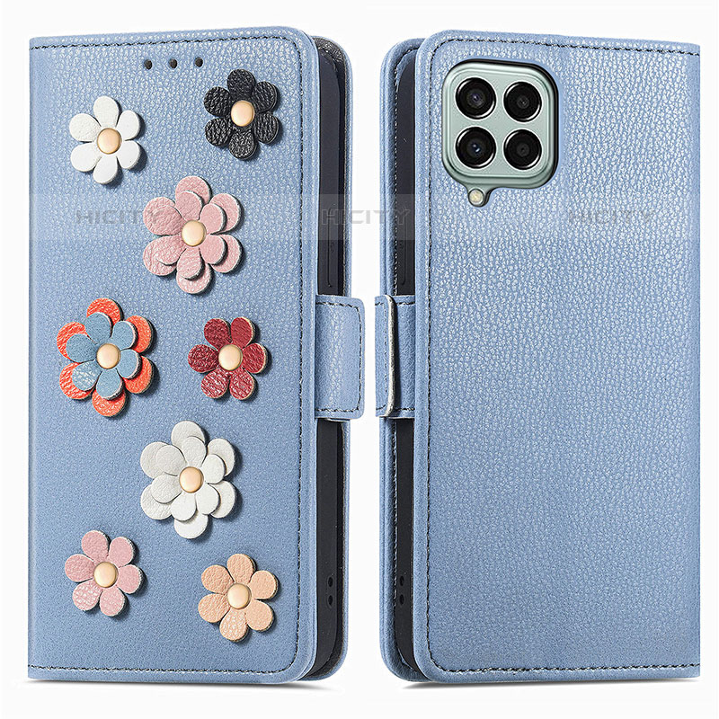 Custodia Portafoglio In Pelle Fiori Cover con Supporto S02D per Samsung Galaxy M33 5G Blu