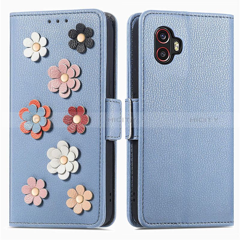 Custodia Portafoglio In Pelle Fiori Cover con Supporto S02D per Samsung Galaxy XCover 6 Pro 5G Blu