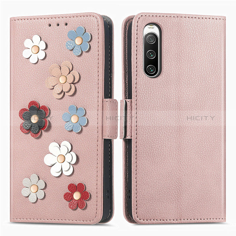 Custodia Portafoglio In Pelle Fiori Cover con Supporto S02D per Sony Xperia 10 IV Oro Rosa