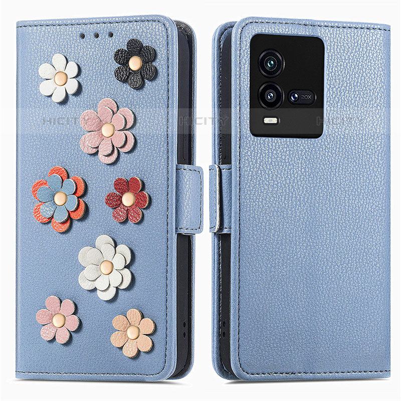 Custodia Portafoglio In Pelle Fiori Cover con Supporto S02D per Vivo iQOO 9T 5G Blu