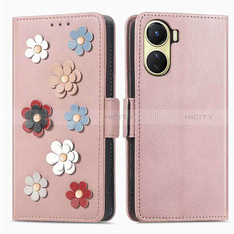 Custodia Portafoglio In Pelle Fiori Cover con Supporto S02D per Vivo Y16