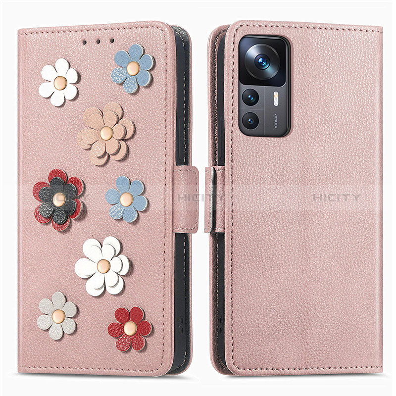 Custodia Portafoglio In Pelle Fiori Cover con Supporto S02D per Xiaomi Redmi K50 Ultra 5G Oro Rosa