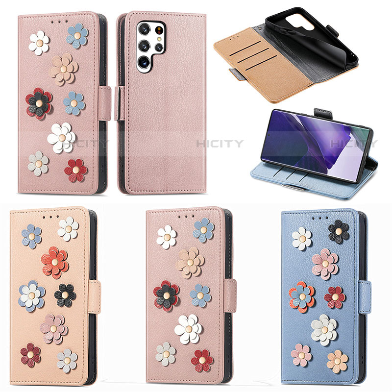 Custodia Portafoglio In Pelle Fiori Cover con Supporto S04D per Samsung Galaxy S22 Ultra 5G