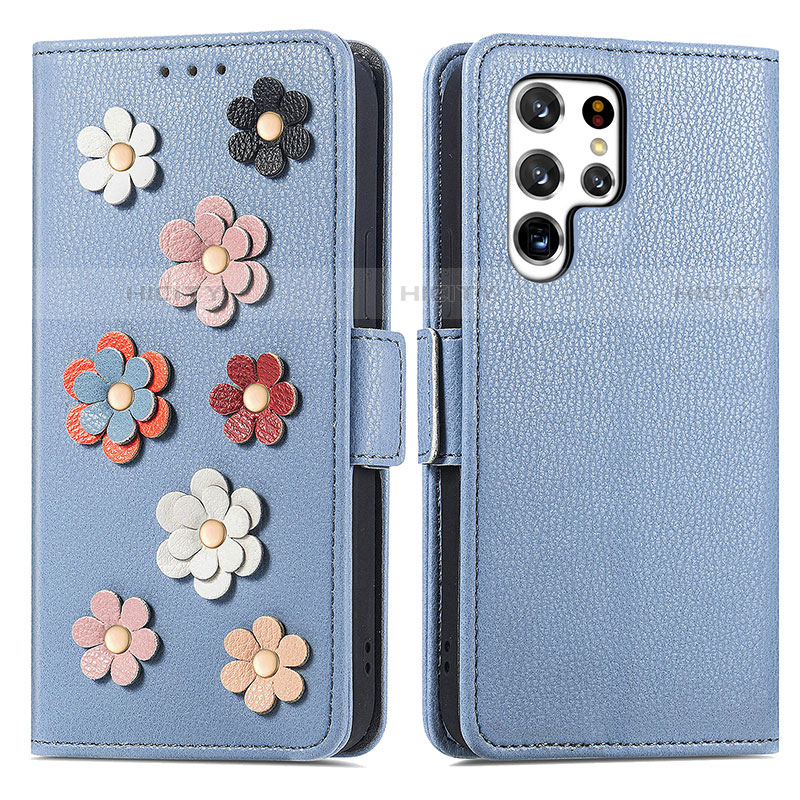 Custodia Portafoglio In Pelle Fiori Cover con Supporto S04D per Samsung Galaxy S22 Ultra 5G Blu