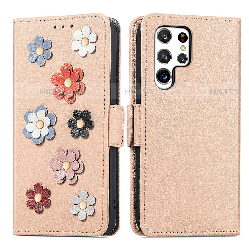 Custodia Portafoglio In Pelle Fiori Cover con Supporto S04D per Samsung Galaxy S22 Ultra 5G Oro