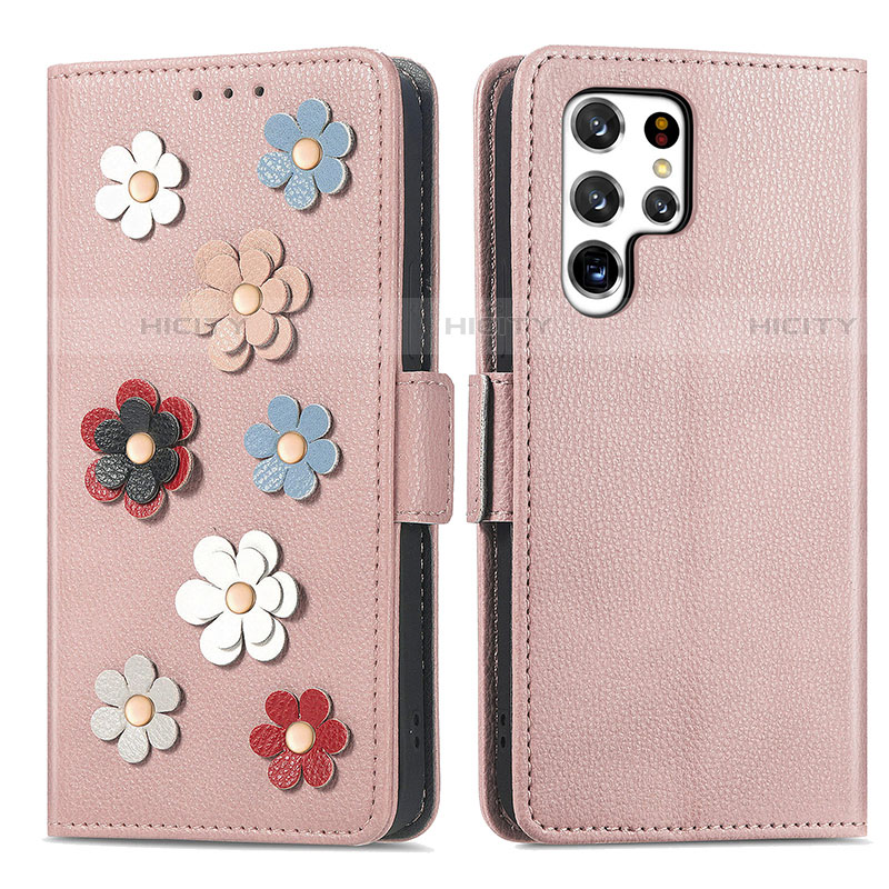 Custodia Portafoglio In Pelle Fiori Cover con Supporto S04D per Samsung Galaxy S22 Ultra 5G Oro Rosa