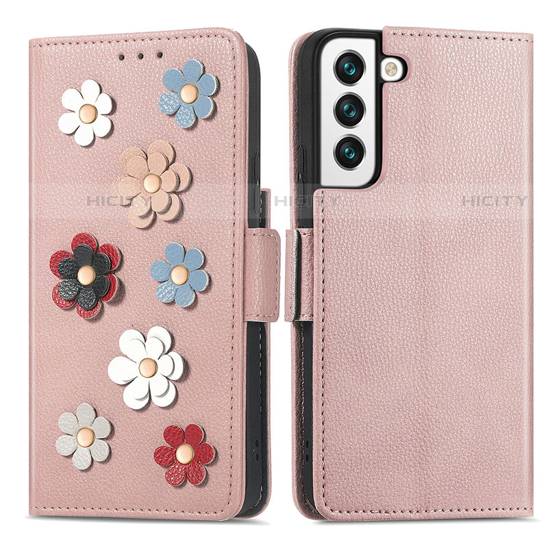 Custodia Portafoglio In Pelle Fiori Cover con Supporto S04D per Samsung Galaxy S23 Plus 5G Oro Rosa